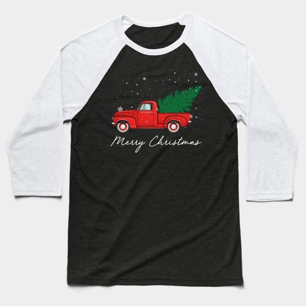 Merry Christmas Retro Vintage Red Truck Baseball T-Shirt by Soema